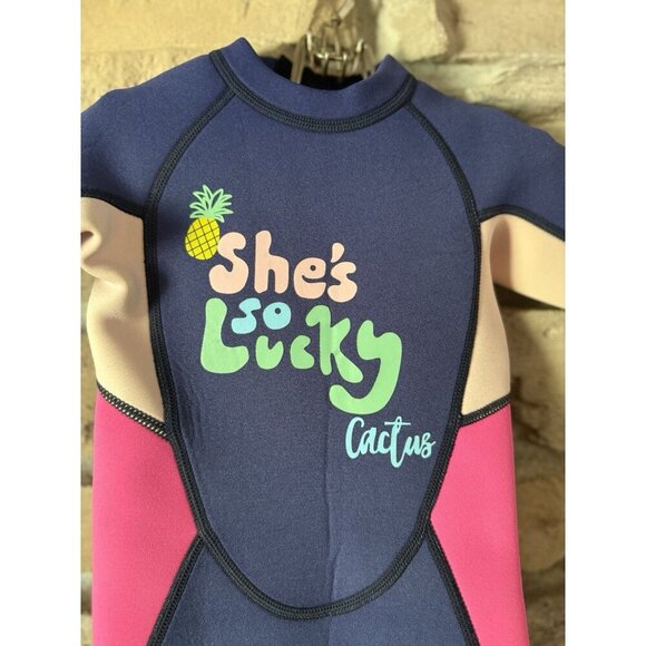 Dive & Sail Kids Shorty Wetsuit Sz S Pink Navy Neoprene “She’s So Lucky” Cactus - Picture 2 of 10